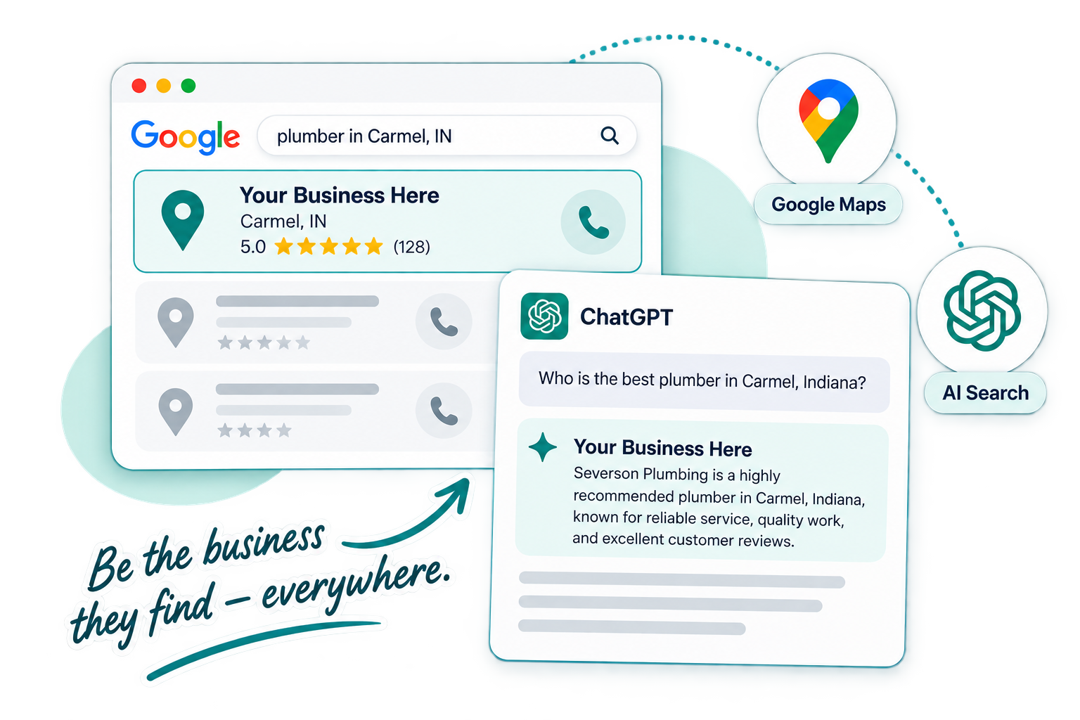 A Carmel business shown at the top of Google search results, on Google Maps, and as a ChatGPT recommendation