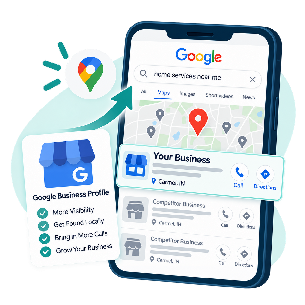 A Google Maps search for home services near me, with a local business in Carmel, Indiana highlighted above competitors