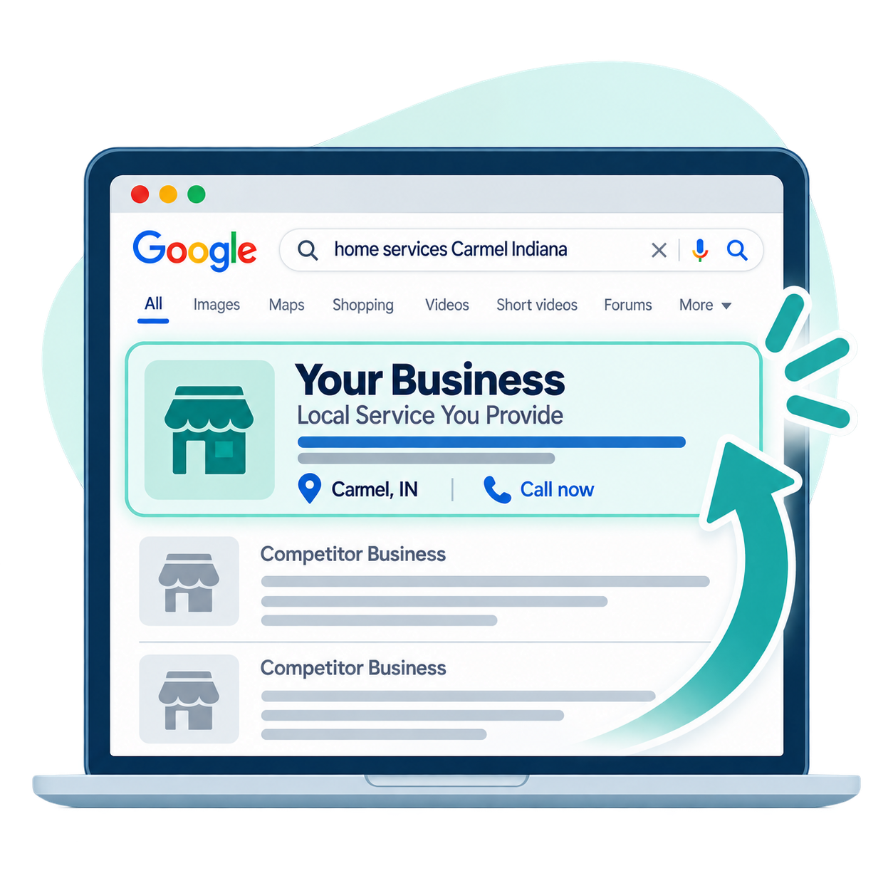 Google search results for home services in Carmel, Indiana, with a local business highlighted at the top